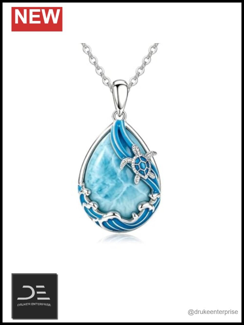 POPLYKE Sea Turtle Pendant Necklace Larimar S925 Sterling Silver Beach Jewelry